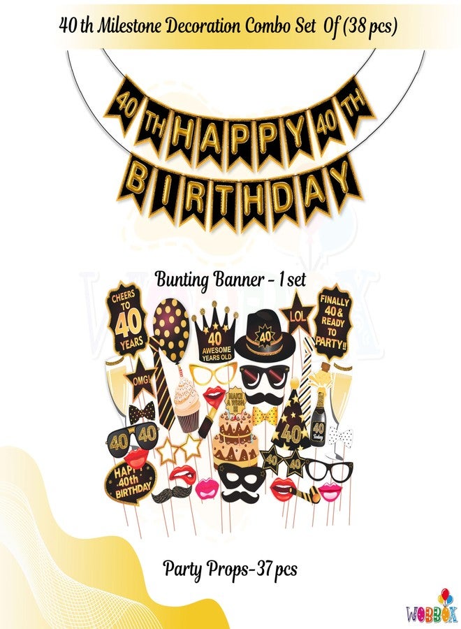 Wobbox 40th Birthday Photo Booth Party Props Brown & Golden Glitter with 40th Birthday Bunting Banner, Birthday Party Decoration, Birthday Party Item - Image 2